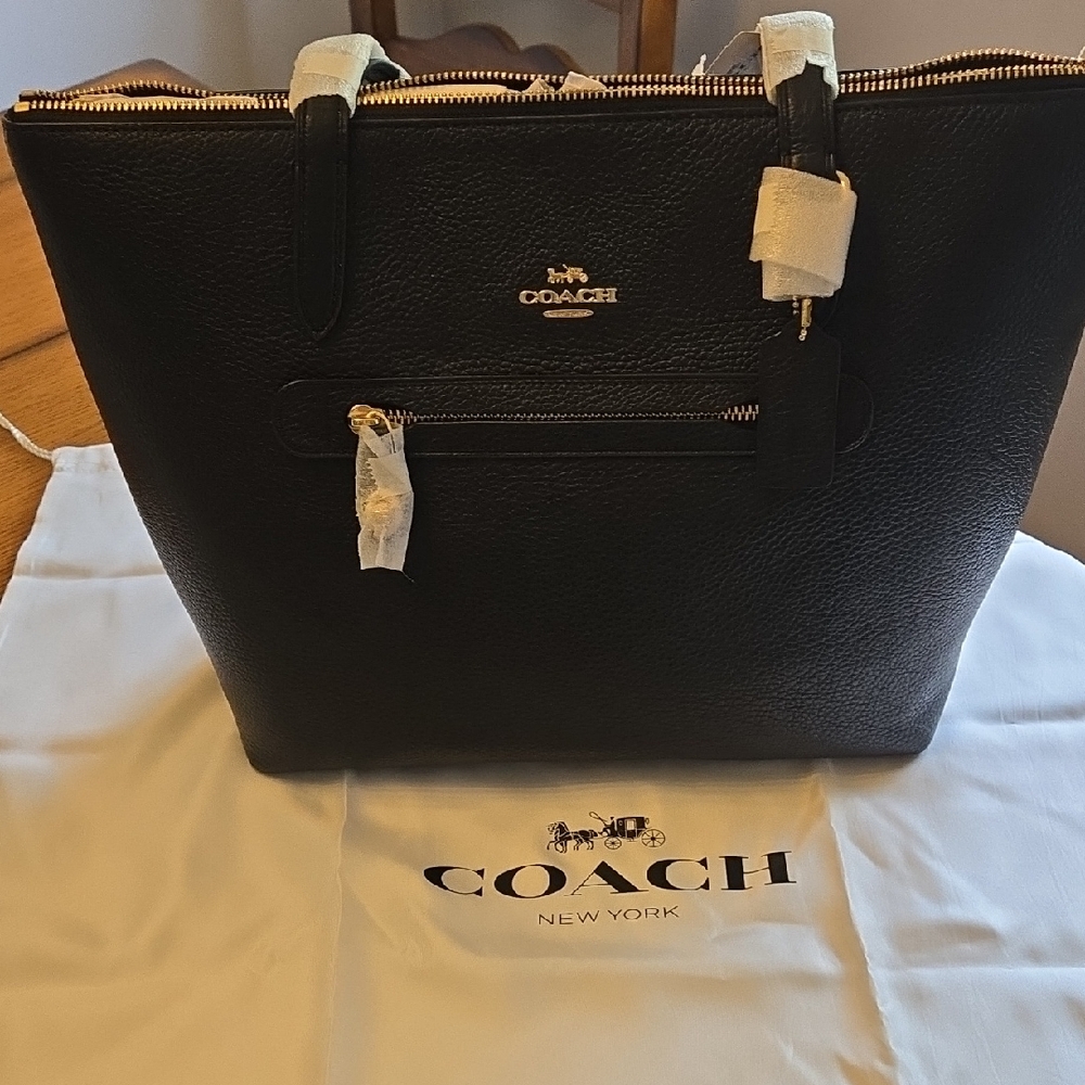 Coach Black Leather Tote with Gold Accents
